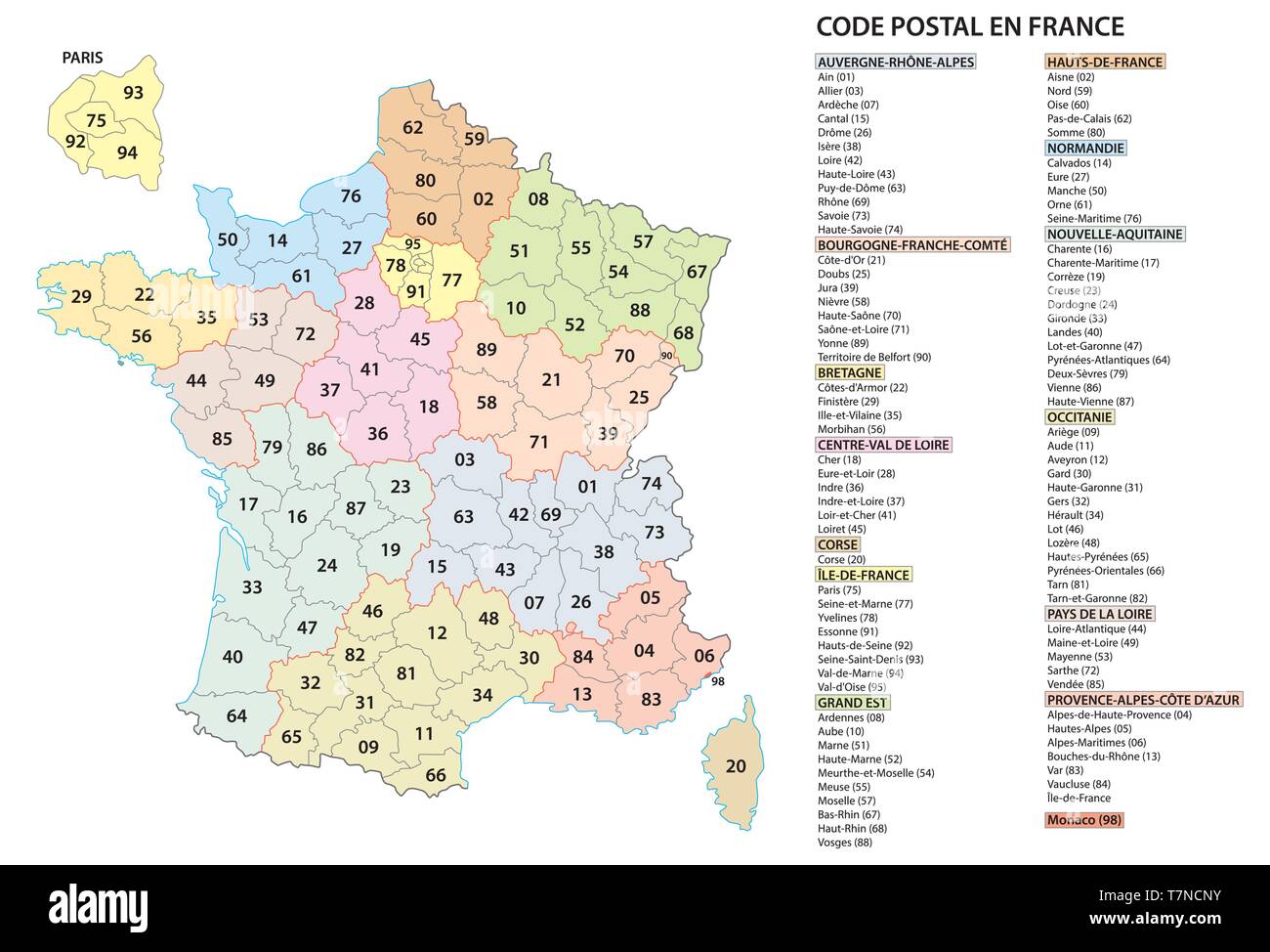 Frankreich 2-stellige Postleitzahlen Postleitzahlen Vektorkarte Stock