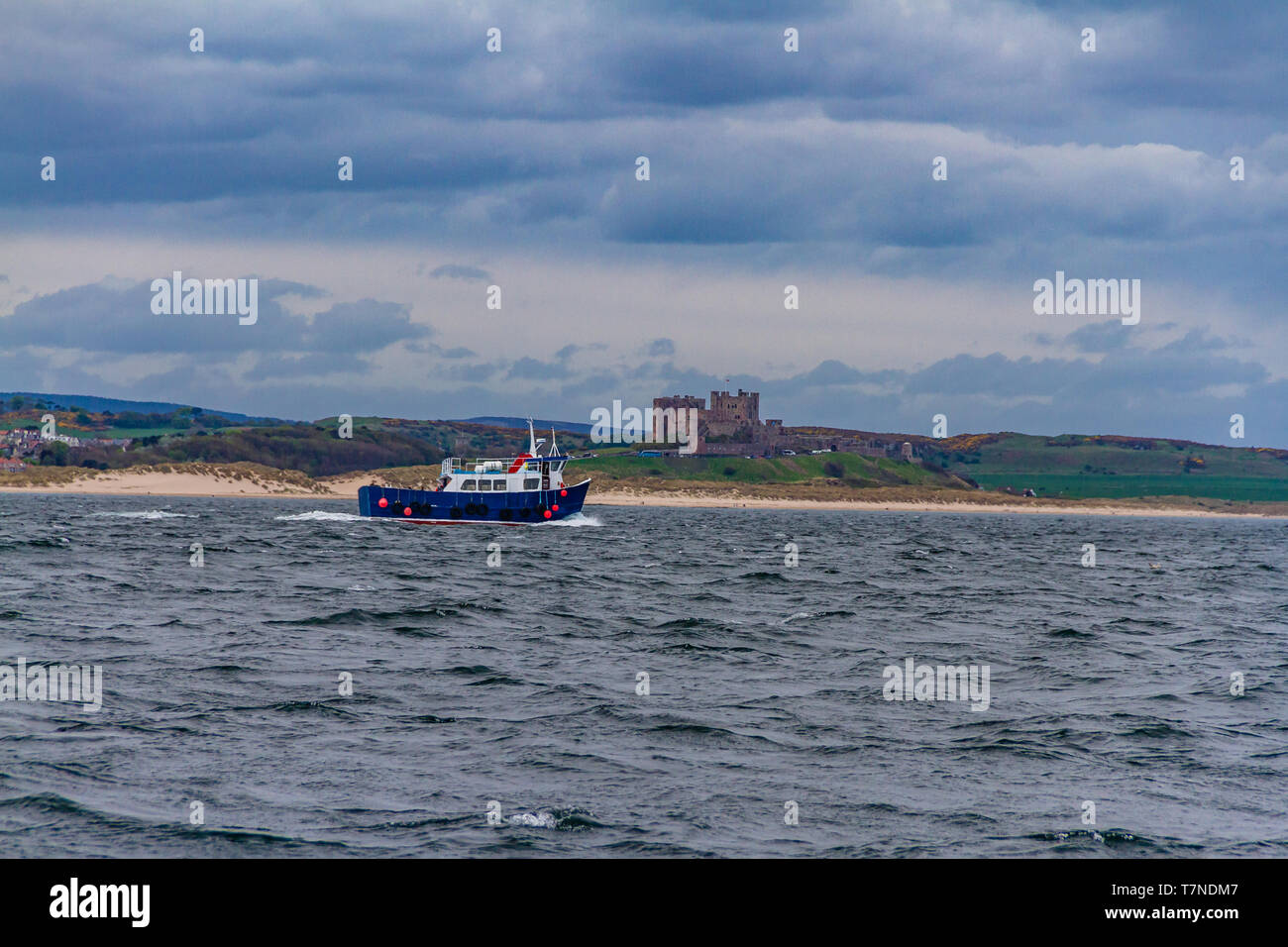 Bamburgh Castle und ehemaligen Fischerboot Touristen unter Berücksichtigung von Nevsehir auf die Farne Islands für Vögel und Robben, Northumberland, Großbritannien zu suchen. Mai 2018. Stockfoto