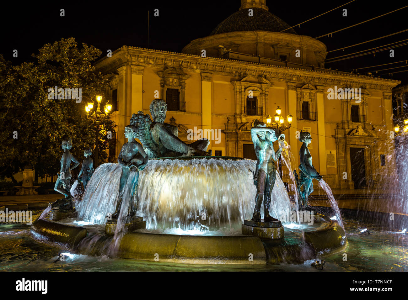 Turia Brunnen am Platz der Jungfrau Maria, Valencia, Spanien. Stockfoto