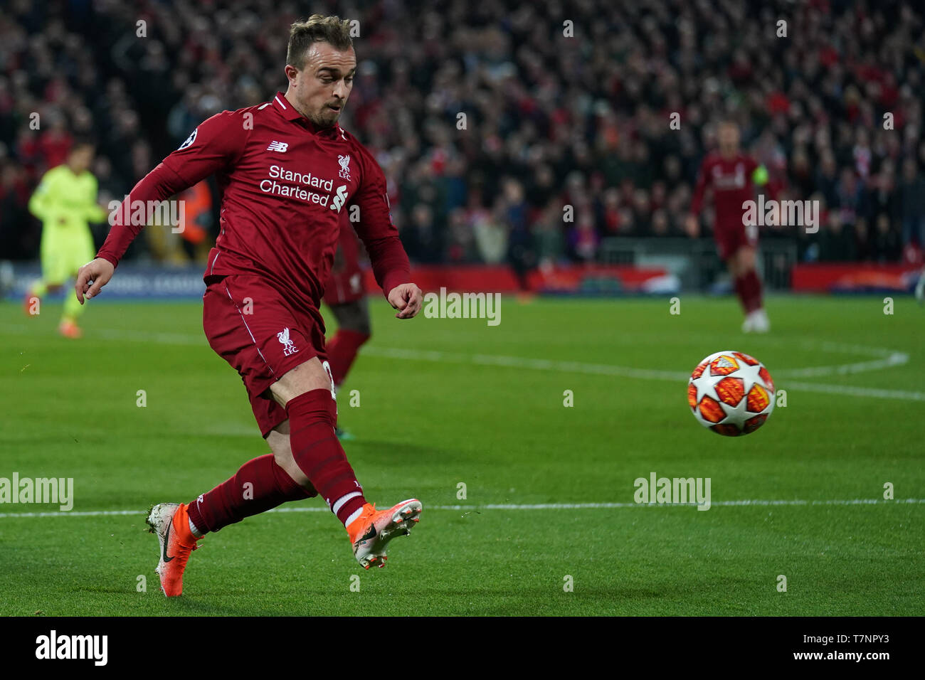 Liverpools Xherdan Shaqiri in Aktion während des heutigen Match 7 Mayl 2019, Anfield Stadion, Liverpool, England, UEFA Champions League, Halbfinale, Rückspiel, Liverpool FC vs FC Barcelona Quelle: Terry Donnelly/News Bilder Stockfoto