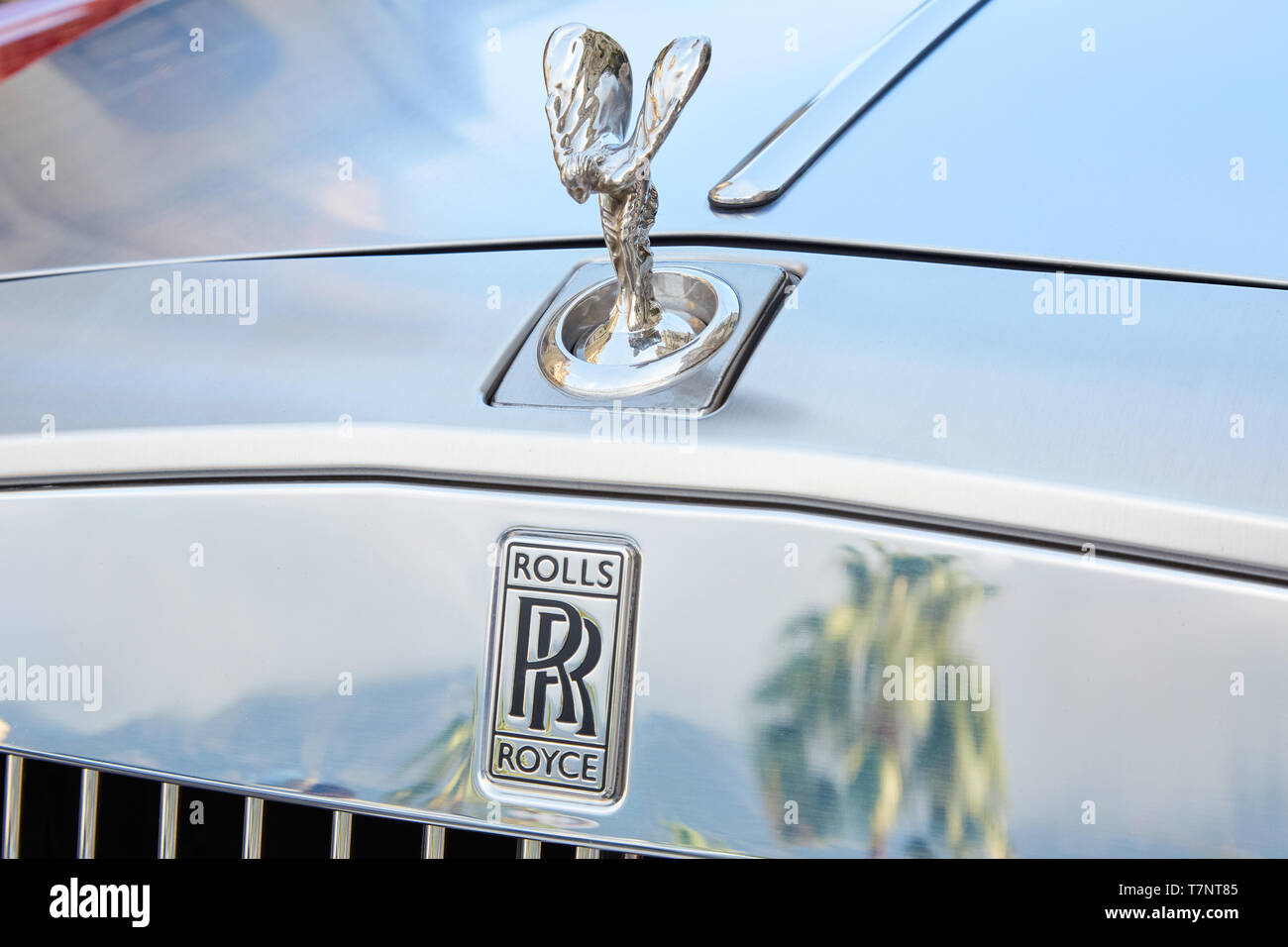 MONTE CARLO, MONACO - 19. AUGUST 2016: Rolls Royce grau Luxus Auto und Palm Tree Reflexion in einem Sommertag in Monte Carlo, Monaco. Stockfoto