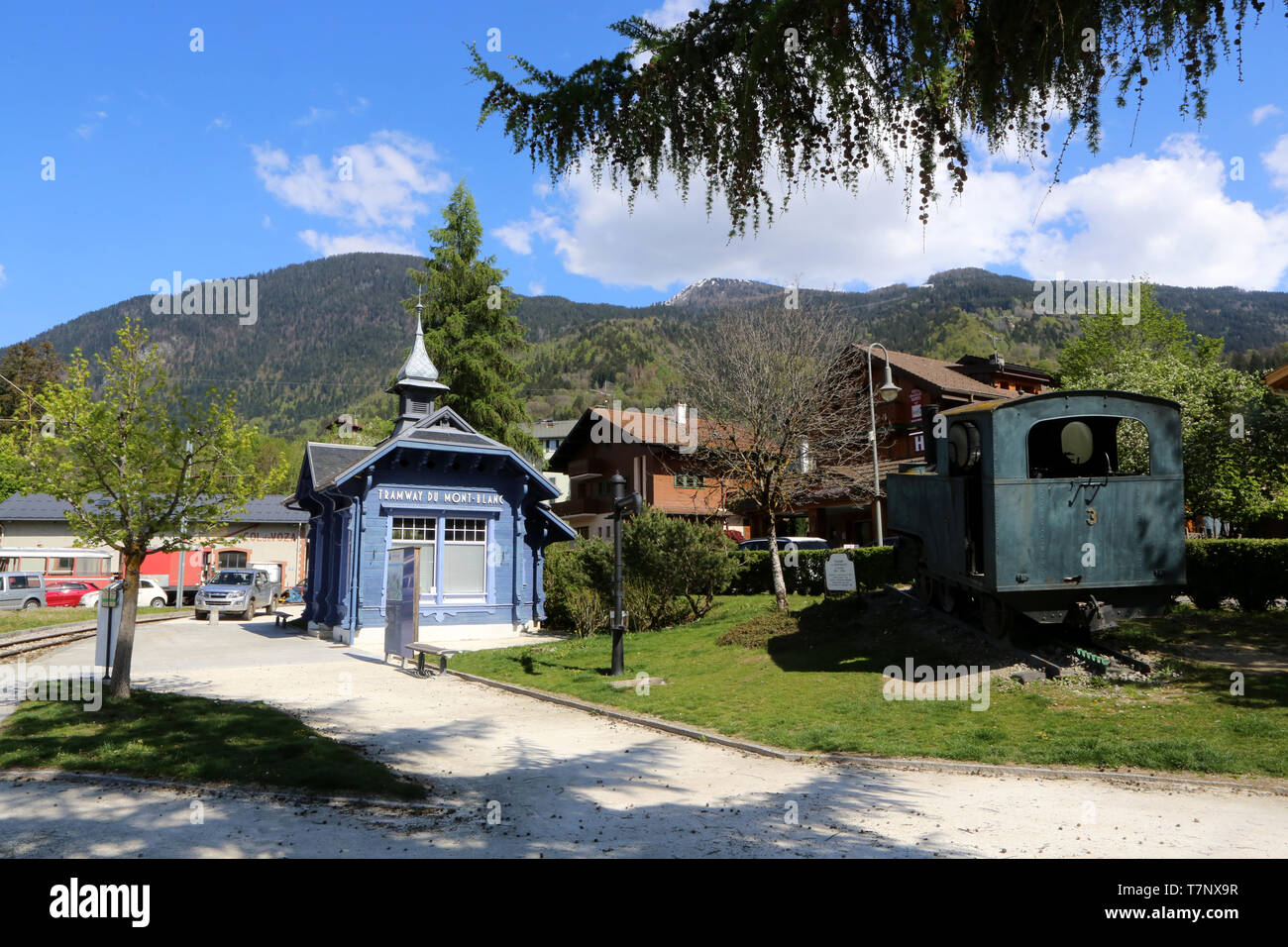 Départ de la ligne à crémaillère du Tramway du Mont Blanc (TMB) de La Compagnie du Mont-Blanc. Le Fayet. Saint-Gervais-les-Bains. Stockfoto