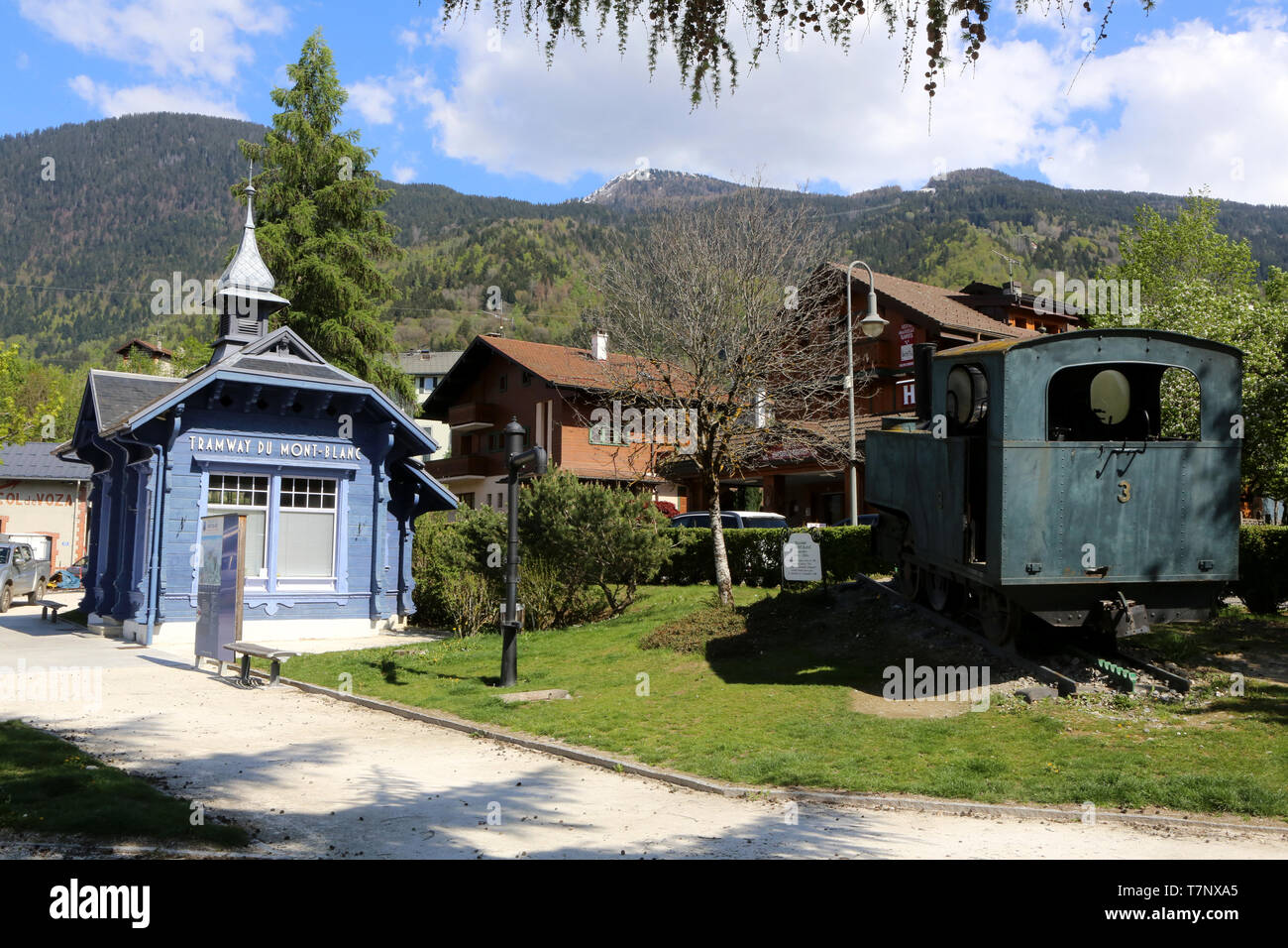 Départ de la ligne à crémaillère du Tramway du Mont Blanc (TMB) de La Compagnie du Mont-Blanc. Le Fayet. Saint-Gervais-les-Bains. Stockfoto