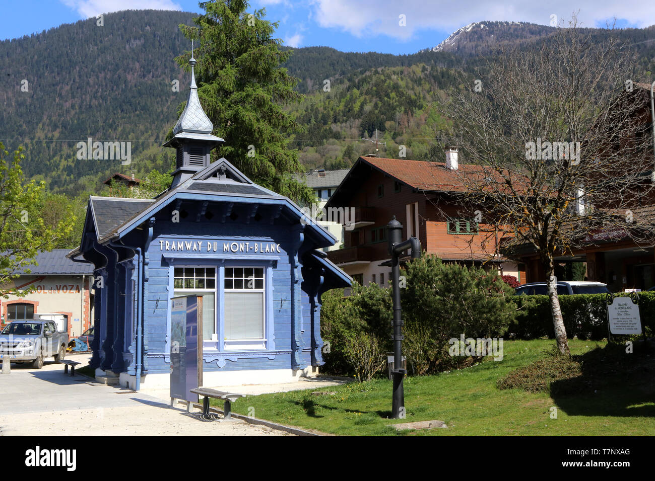 Départ de la ligne à crémaillère du Tramway du Mont Blanc (TMB) de La Compagnie du Mont-Blanc. Le Fayet. Saint-Gervais-les-Bains. Stockfoto