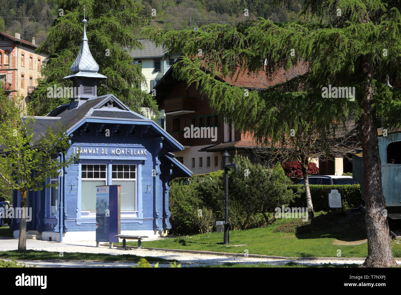 Départ de la ligne à crémaillère du Tramway du Mont Blanc (TMB) de La Compagnie du Mont-Blanc. Le Fayet. Saint-Gervais-les-Bains. Stockfoto