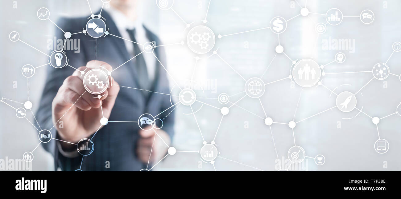 Business Process Workflow Diagramm Struktur Industrielle Automation innovation Konzept auf virtuellen Bildschirm mixed Media. Stockfoto