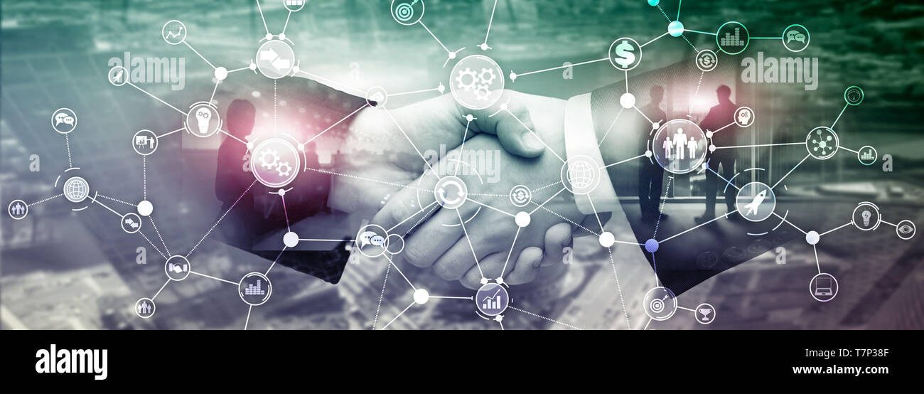 Business Process Workflow Diagramm Struktur Industrielle Automation innovation Konzept auf virtuellen Bildschirm mixed Media. Stockfoto