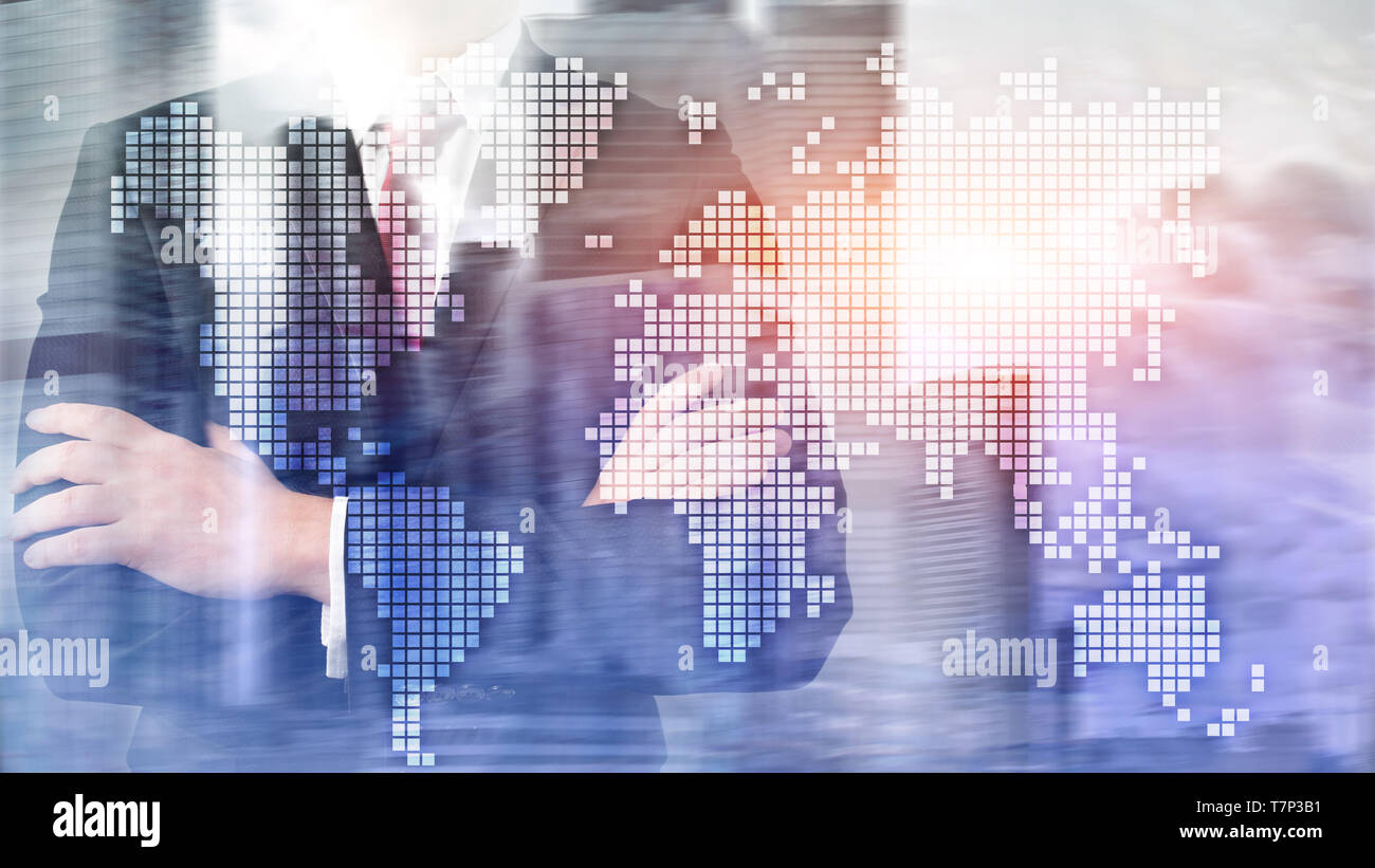 Double Exposure Weltkarte auf Wolkenkratzer Hintergrund. Kommunikation und Global Business Konzept. Stockfoto