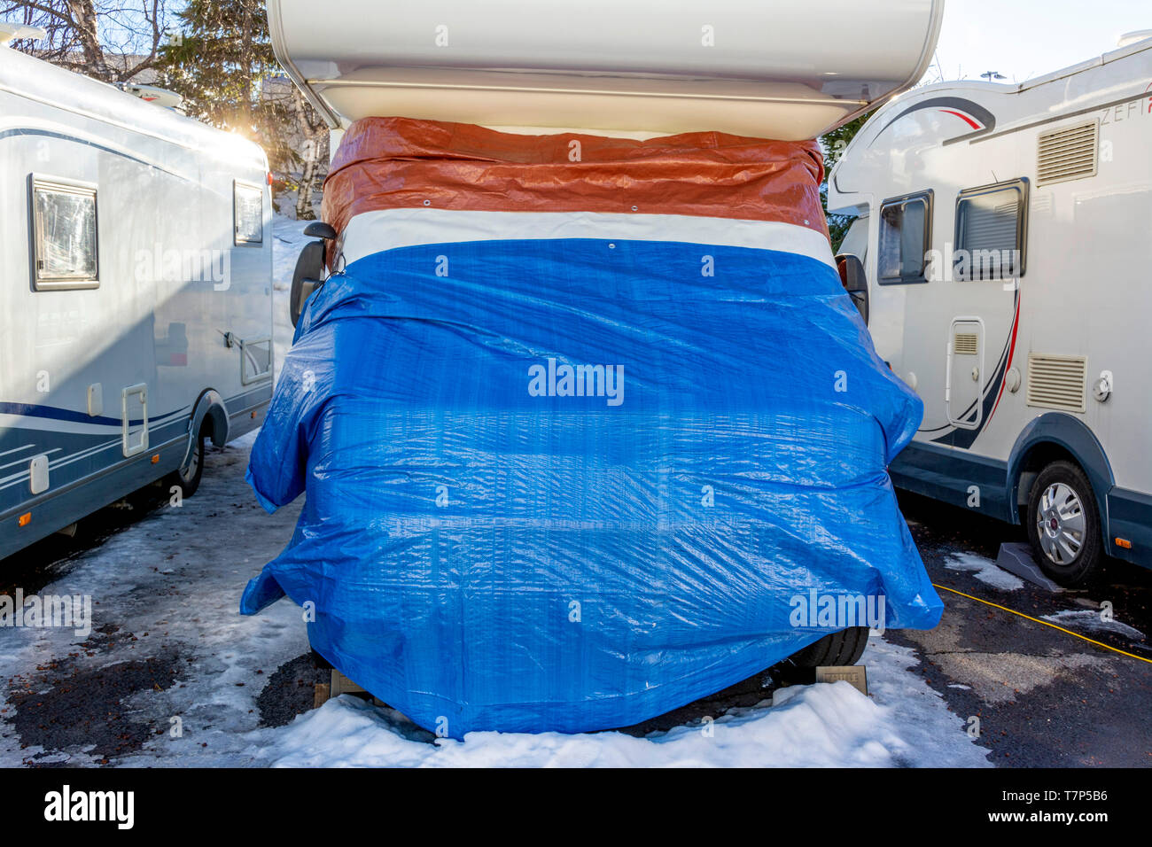 Mobile home Schutz im Winter, Frankreich Stockfoto