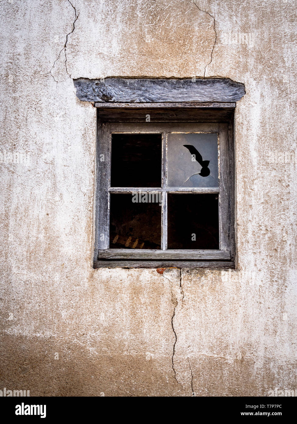 Rissige Fassade und alte Fenster ohne Glas Stockfoto