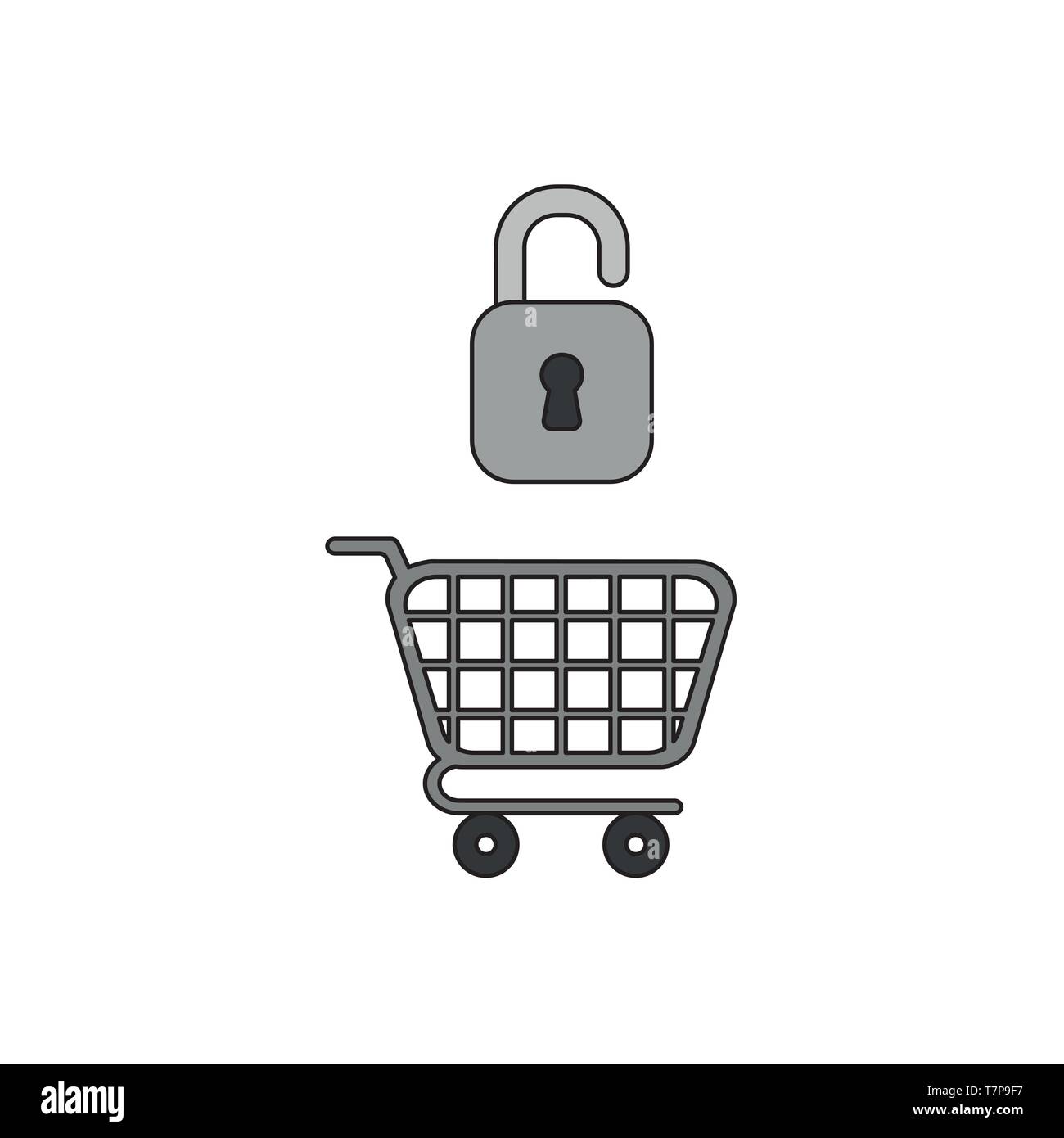 Vektor icon Konzept der Grauen geöffneten Vorhängeschloss über Warenkorb. Stock Vektor