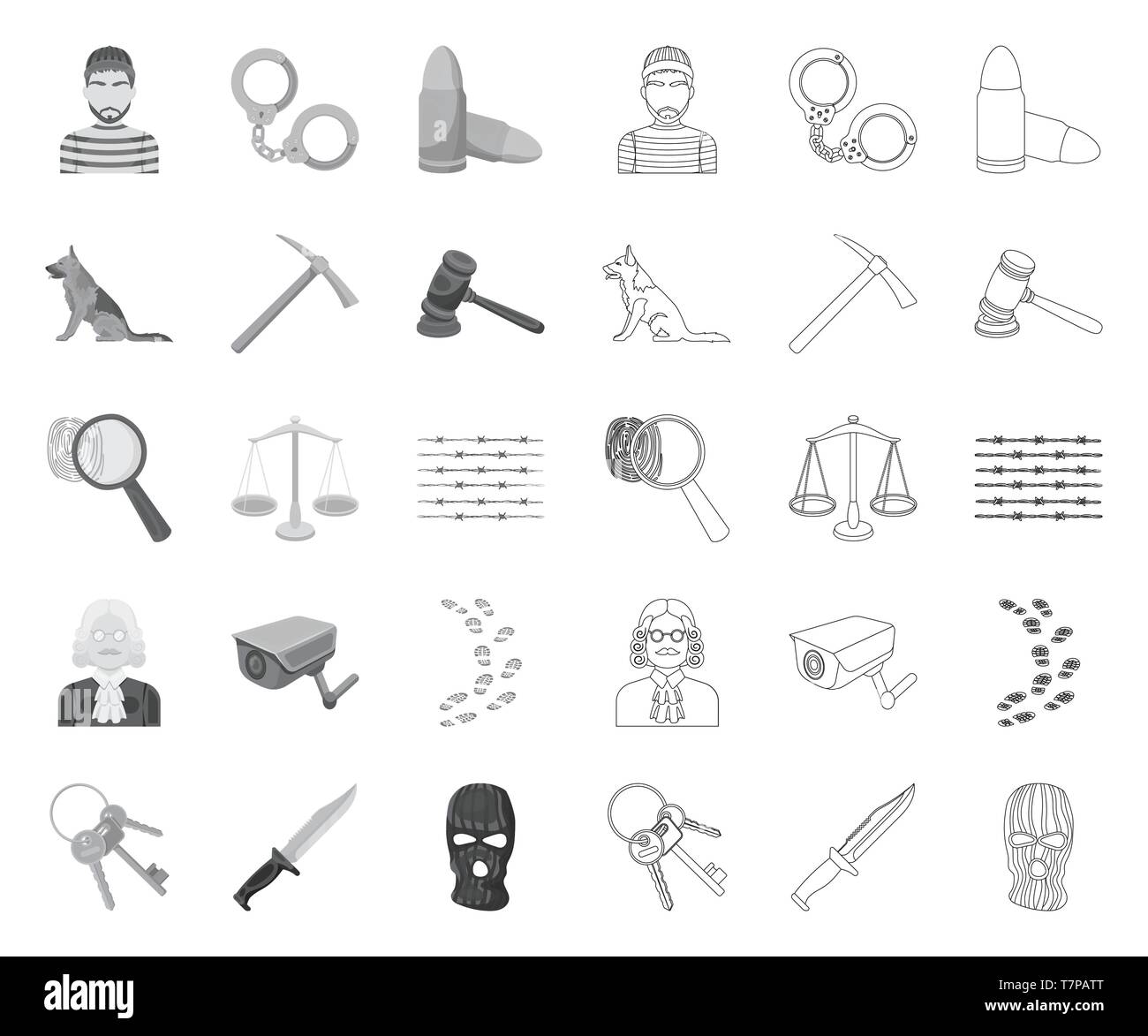 Arrestant, Attribute, ax, Stacheldraht, Kugel, Bündel, Kamera, Sammlung, Kriminalität, Strafrecht, Entbehrungen, Design, Hund, Finger, Fingerabdruck, Blumen, Hammer, Handschellen, Hut, Icon, Illustration, Haft, gehören, isoliert, Richter, Gerechtigkeit, Messer, Recht, Lupe, Maske, Mono, Outline, Patron, Spitzhacke, Gefängnis, Gefangenen, Bestrafung, Puzzle, Waagen, Set, Hirte, Zeichen, Symbol, Schwanz, Zunge, Rankgitter, Vector, Video, Waffe, Perücke, Kabel Vektor Vektoren, Stock Vektor
