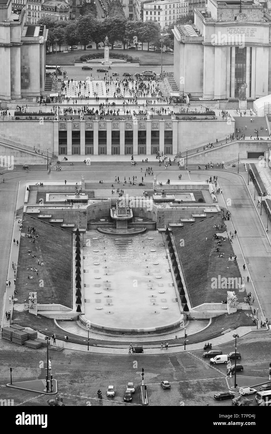 Trocadero Gärten Luftaufnahme vom Eiffelturm, Paris. Stockfoto