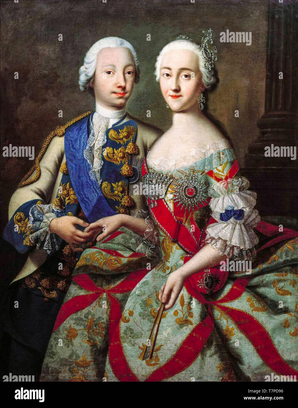 Portrait von Großherzog Peter Fedorovich (zukünftige Peter III) und seine Frau Großfürstin Katharina Alexeevna (zukünftige Katharina II.), Gemälde von Georg Christoph Grooth, C. 1745 Stockfoto