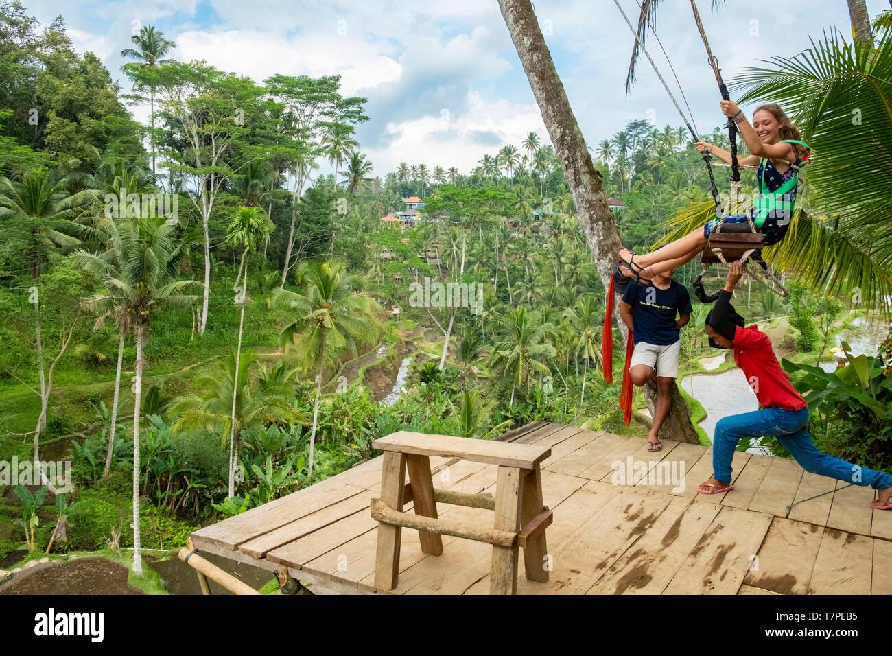 Indonesien, Bali, Ubud Region, Giant Giant Giant Seil über Tegalalang  Reisterrassen Stockfotografie - Alamy