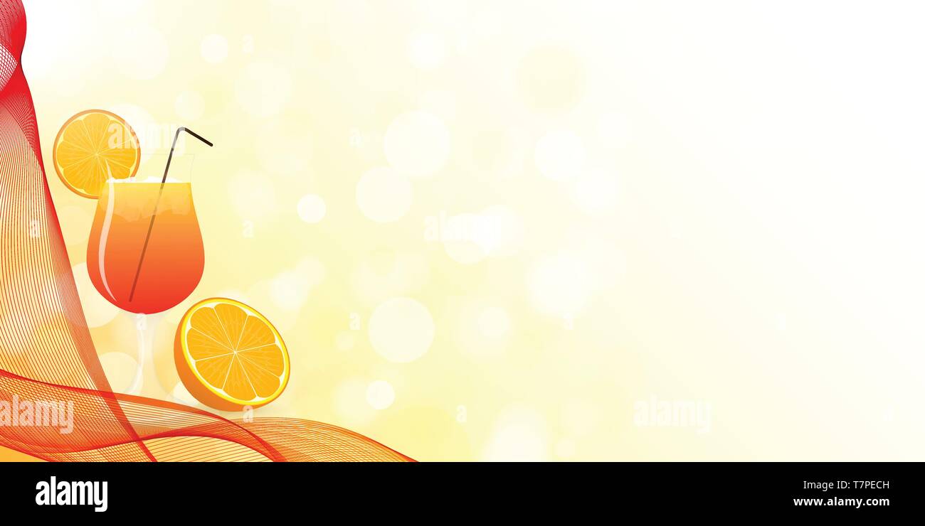 Sommer erfrischendes Design. Cocktail mit schwarzen Stroh. Orange Slice auf der Kante des Vorlagenglases aus. Halbe Frucht neben den Eistee trinken. Urlaub Karte, Gutschein, b Stock Vektor