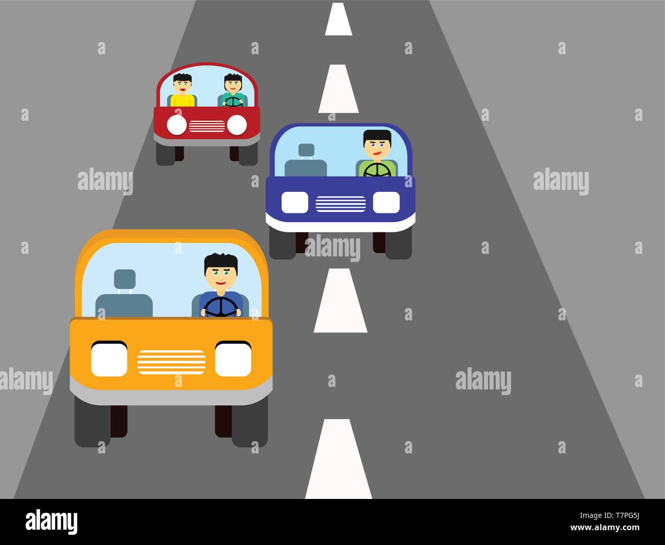 Die Menschen gehen zum Ziel mit drei Autos auf der Straße Stock Vektor