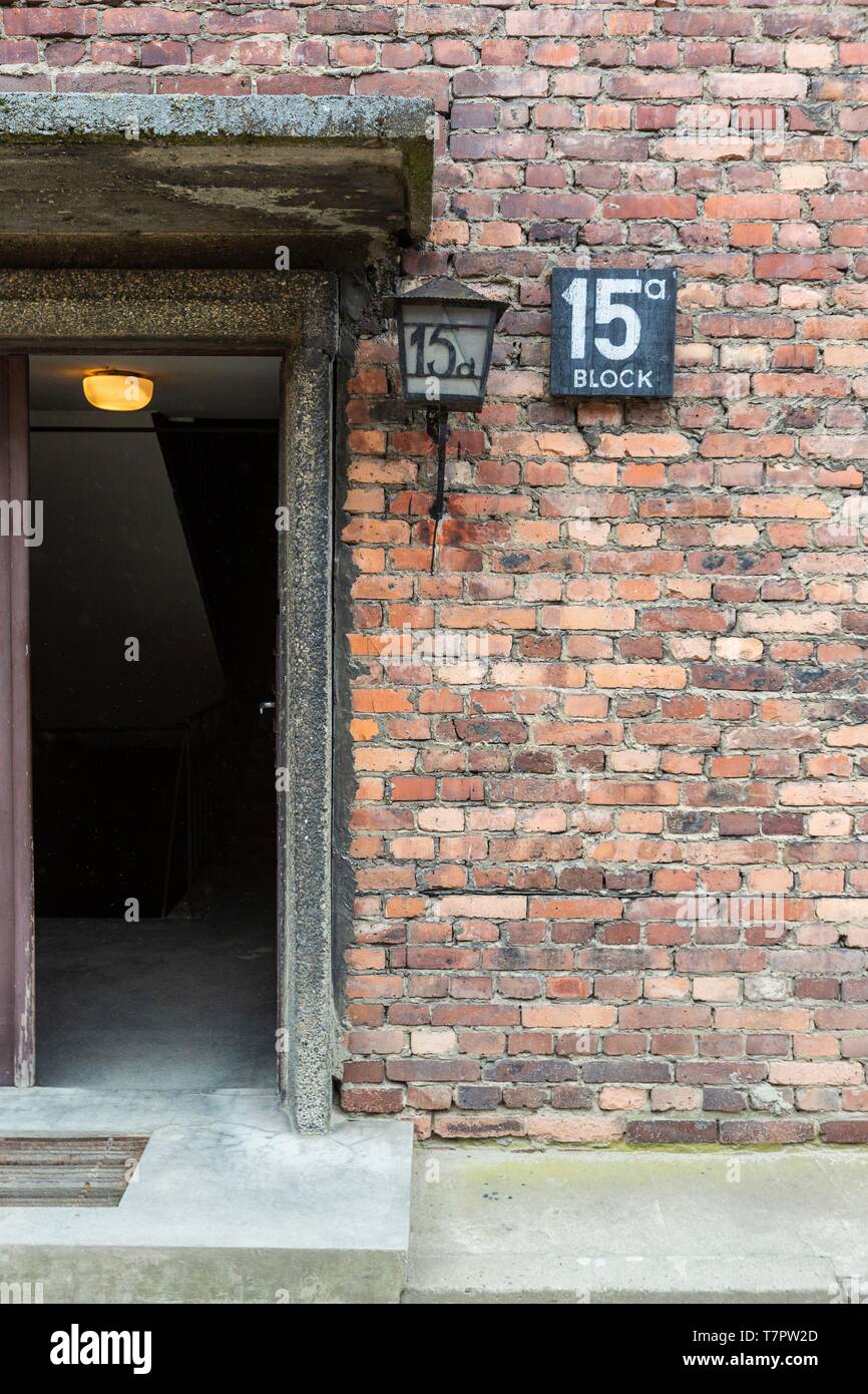 Polen, Auschwitz, Birkenau, deutscher NS-Konzentrations- und Vernichtungslager (1940-1945), Eintrag Block 15. Stockfoto