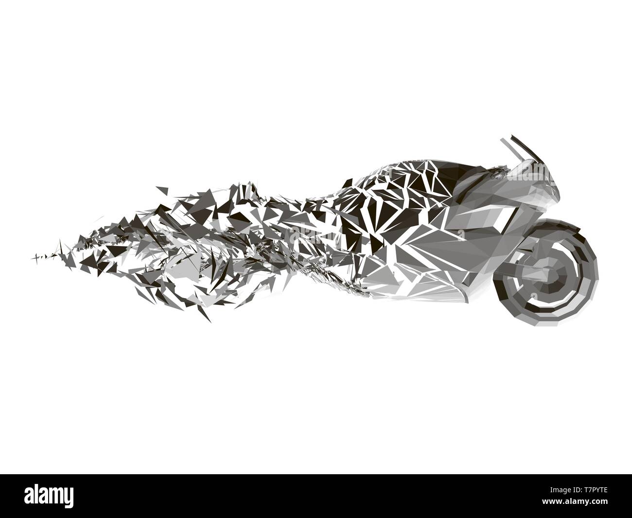 Polygonale Motorrad zerbricht in kleine Stücke. Von der Seite. 3D. Vector Illustration Stock Vektor