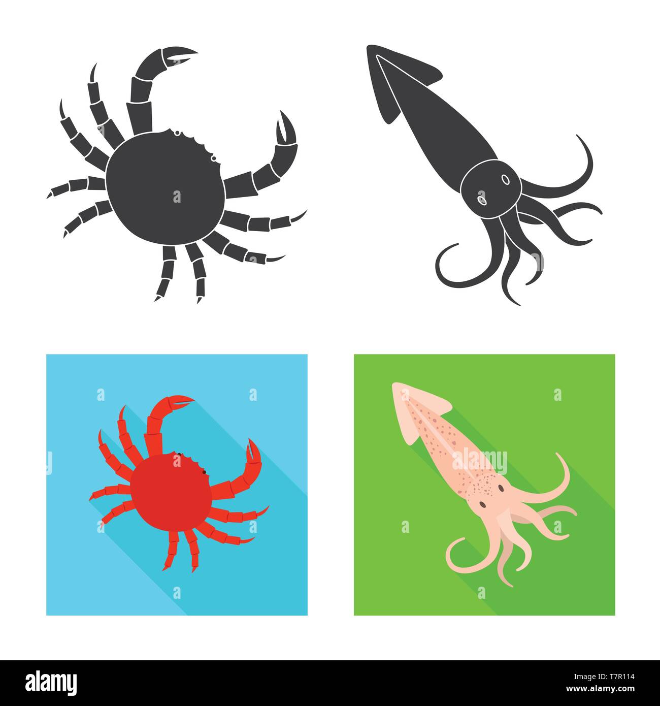 Krabben, Tintenfisch, Shell, Squid, Rot, Tentakel, Schalentiere, Monster, Strand, Kreatur, Fisch, Riese, Wasser, Kraken, Tentakeln, Langusten, frisch, Restaurant, Markt-, Marine-, Lebensmittel-, Meer, Fisch, gesund, Produkt, Ozean, Set, Vector, Icon, Illustration, isoliert, Sammlung, Design, Element, Grafik, Zeichen, Vektor, Vektoren, Stock Vektor