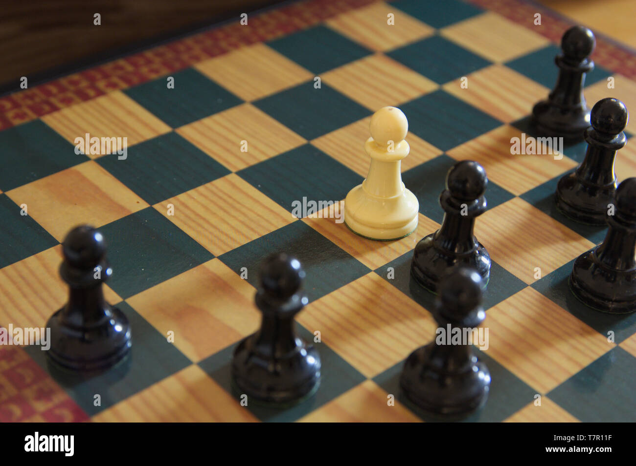Schwarz schach Schachfiguren Surround ein weißer Bauer auf dem Schachbrett isoliert Stockfoto