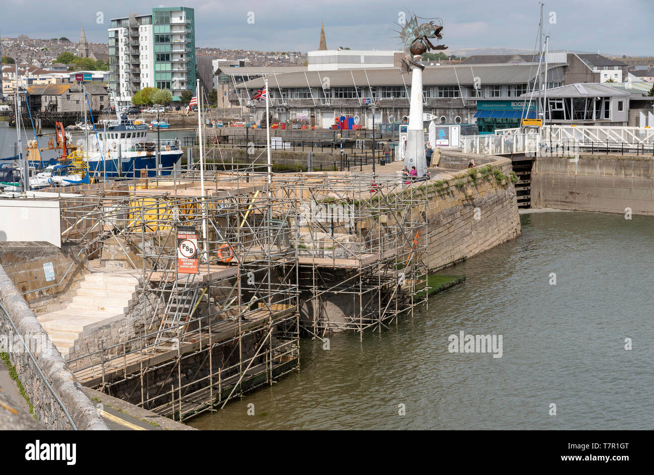 Plymouth, Devon, UK. Mai 2019. Die historische Mayflower Schritte im Rahmen der Sanierung in der Barbican Bereich für die Mayflower 400 Veranstaltung im Jahr 2020. Stockfoto