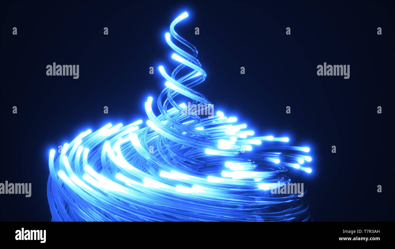 Blau Lichtwellenleiter Wirbel. Glas strings leuchten im Dunkeln. 3D-Darstellung Stockfoto
