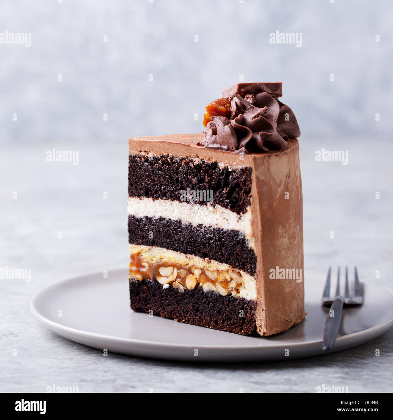 Schokolade, Karamell, Erdnuß-Kuchen, Snickers auf einem Teller. Grauer Hintergrund. Close Up. Stockfoto