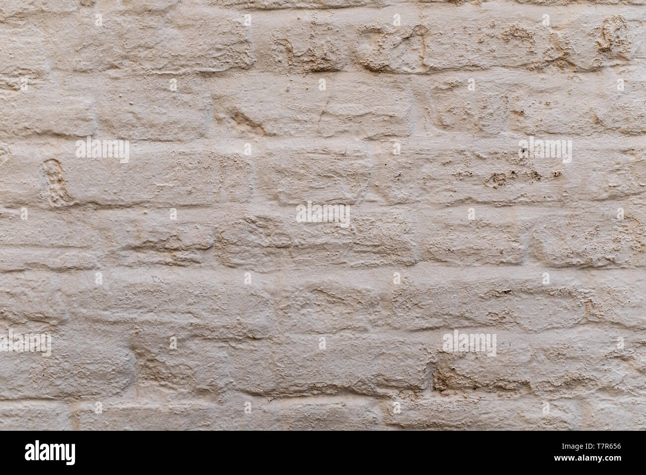 Eine Nahaufnahme von einer weiß getünchten Mauer zeigt die Details der Ziegel, ideal als Hintergrund oder wallpaper Stockfoto