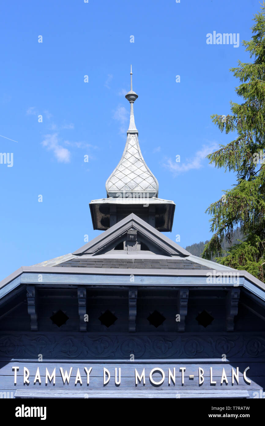 Départ de la ligne à crémaillère du Tramway du Mont Blanc (TMB) de La Compagnie du Mont-Blanc. Le Fayet. Saint-Gervais-les-Bains. Stockfoto