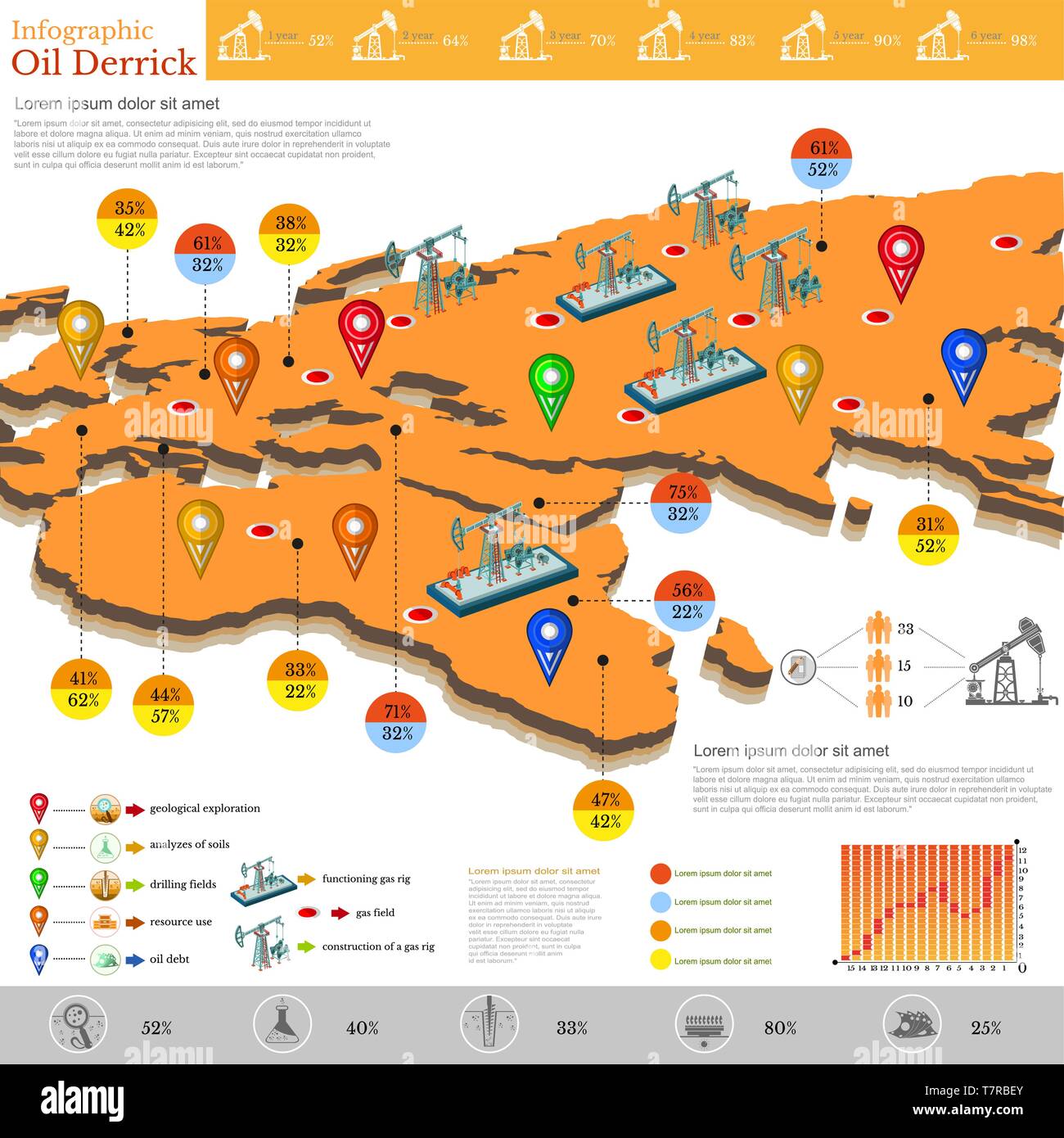 Der flache Ausführung von Gasfeldern und Gas rig Infografiken Gas Produktion auf der ganzen Welt Gas Exploration Stock Vektor