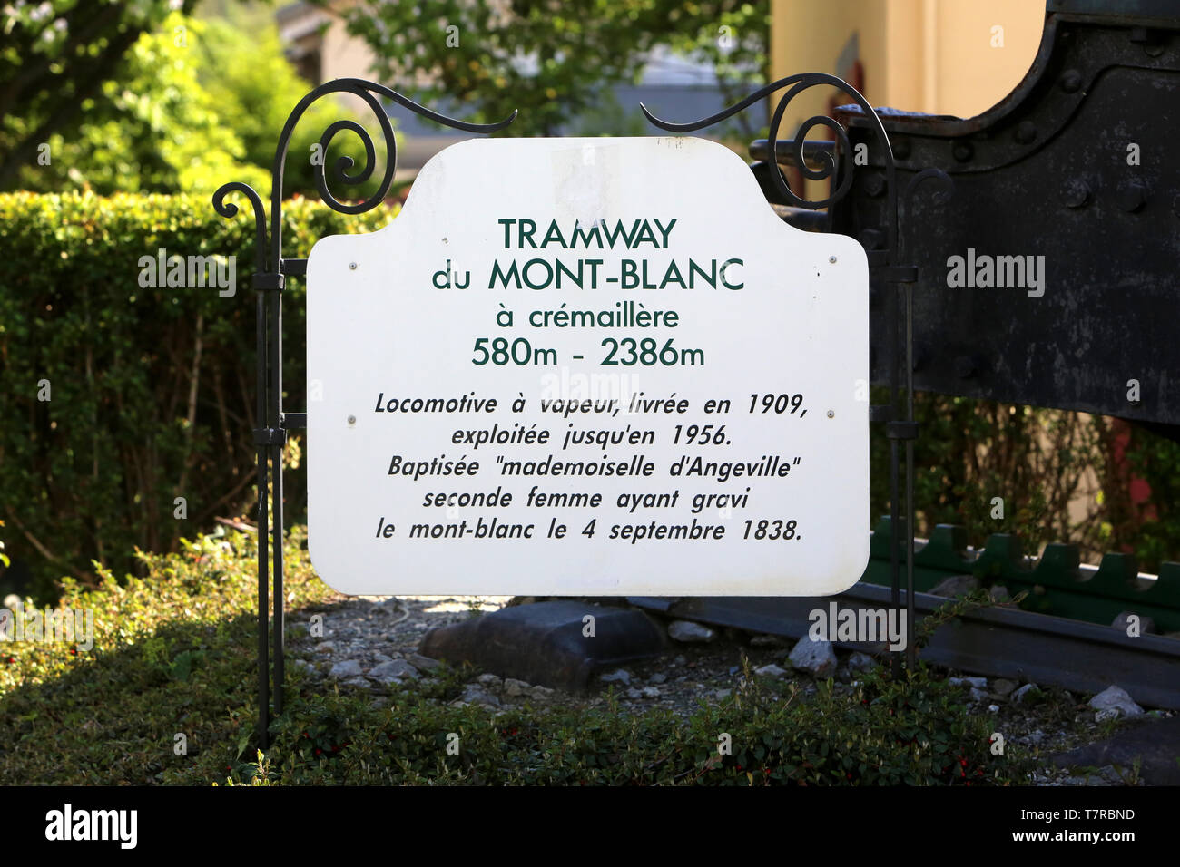 Départ de la ligne à crémaillère du Tramway du Mont Blanc (TMB) de La Compagnie du Mont-Blanc. Le Fayet. Saint-Gervais-les-Bains. Stockfoto