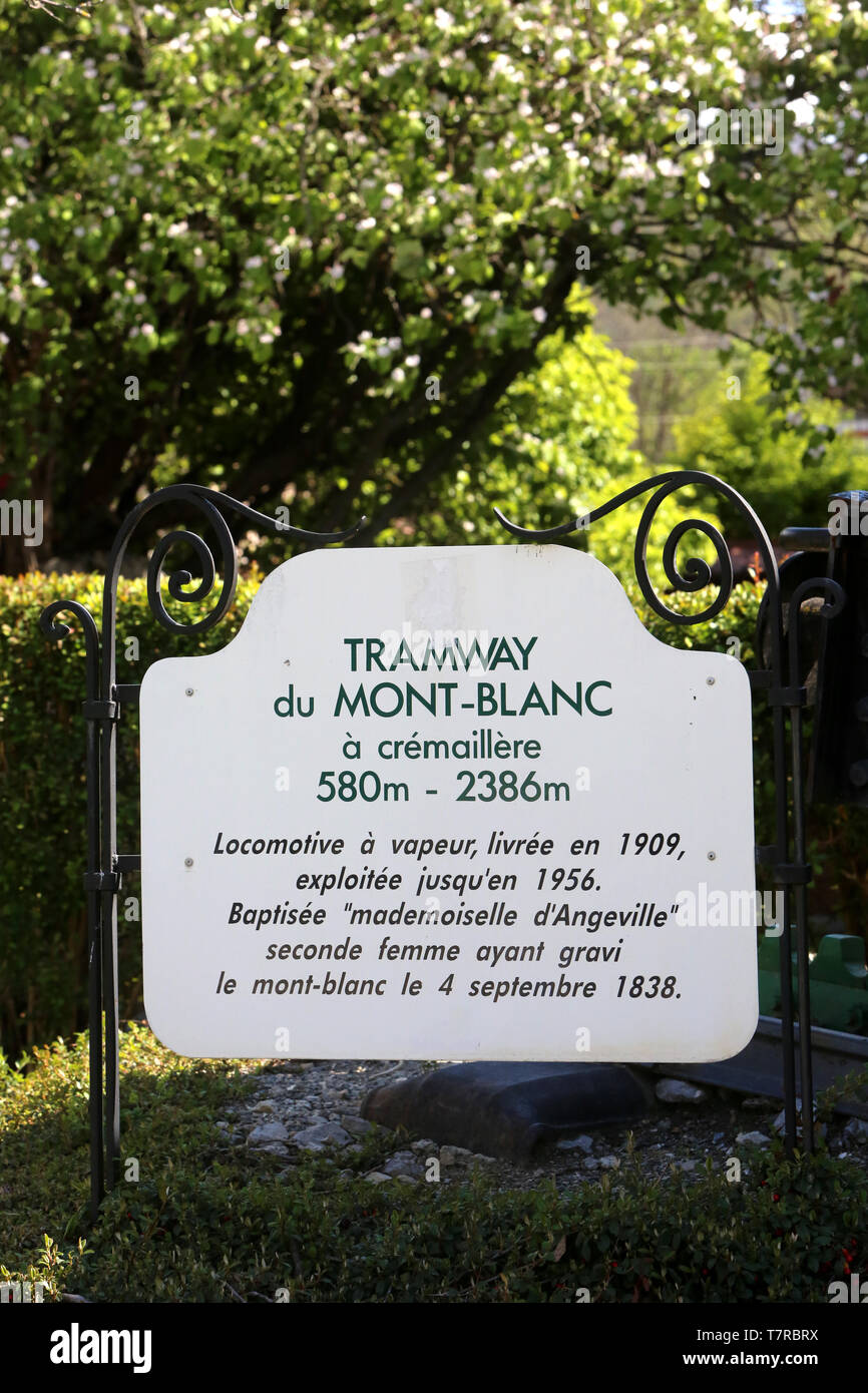 Départ de la ligne à crémaillère du Tramway du Mont Blanc (TMB) de La Compagnie du Mont-Blanc. Le Fayet. Saint-Gervais-les-Bains. Stockfoto