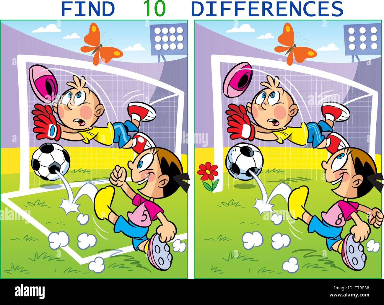 Auf Vektor illustration Kinder spielen Fußball. Puzzle 10 Unterschiede in den Bildern des Sports finden. Stock Vektor