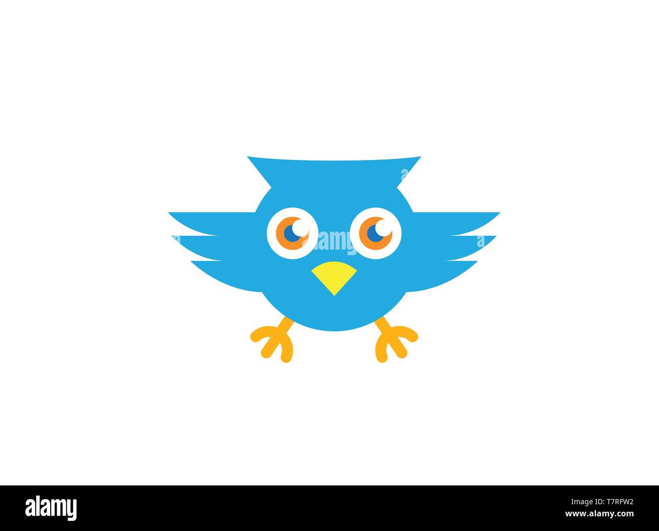 Blaue Eule offene Augen und fliegen Logo Design Illustration, niedlichen Gesicht Symbol, ein Symbol auf weißem Hintergrund Stock Vektor