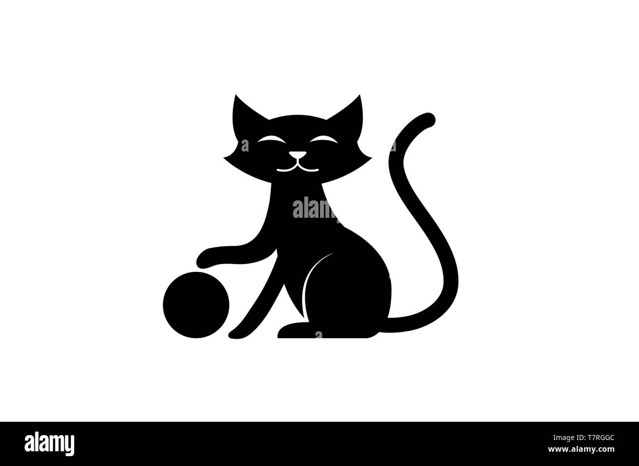 Black Cat lächelt und spielt mit dem Ball Logo Vector Design auf weißem Hintergrund Stock Vektor
