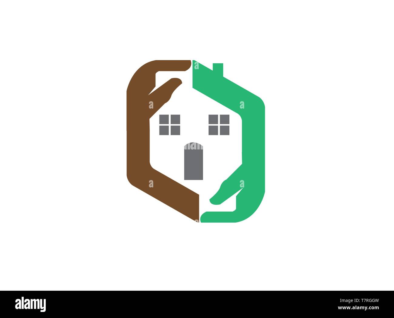 Home Care mit Händen, Fenster und Türen, Haus logo Stock Vektor
