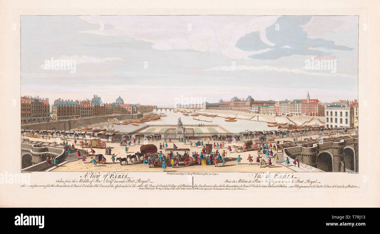 Ein Blick auf Paris von der Mitte des Pont Neuf in Richtung Pont Royal. Von einem Stich vom 1749 von Remigius Parr nach einem Werk von Jacques Rigaud. Später einfärben. Stockfoto