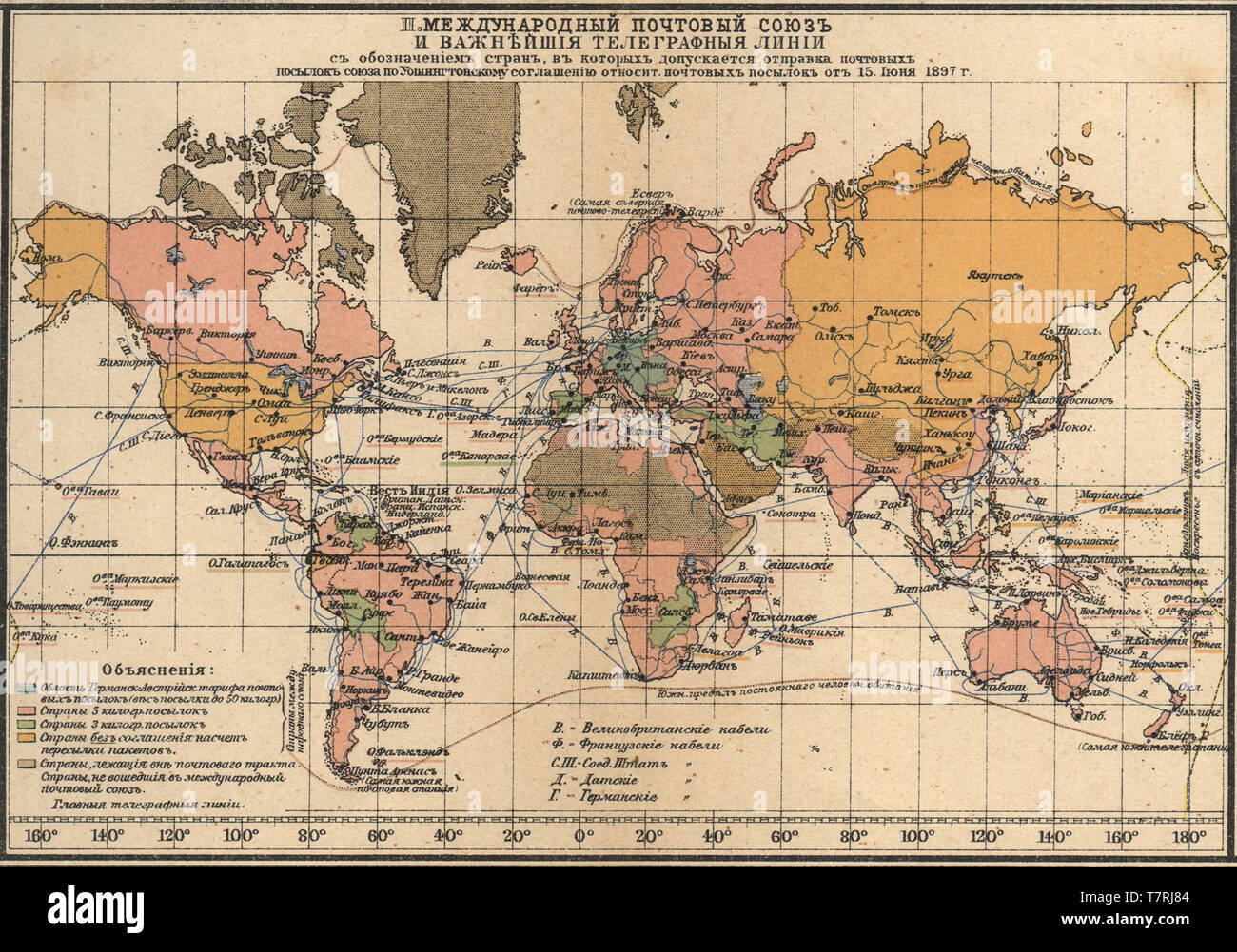 Internationale Postgewerkschaft und die wichtigsten telegrafenleitungen neue Tabelle Atlas A.F. Marcks St. Petersburg, Russland, 1910 Stockfoto