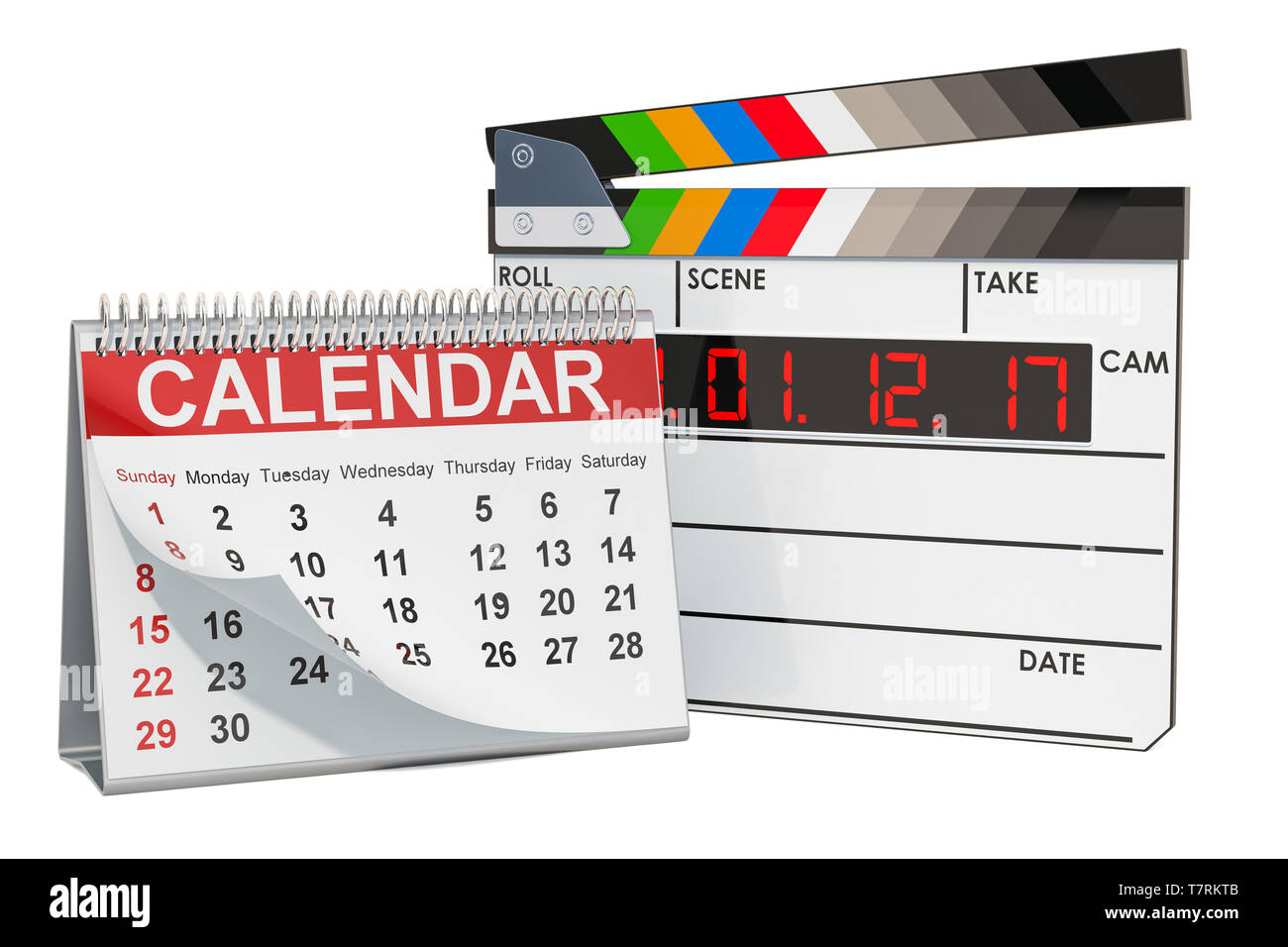 Tischkalender mit digitalen Klappe. Filme Kalender Konzept, 3D-Rendering auf weißem Hintergrund Stockfoto