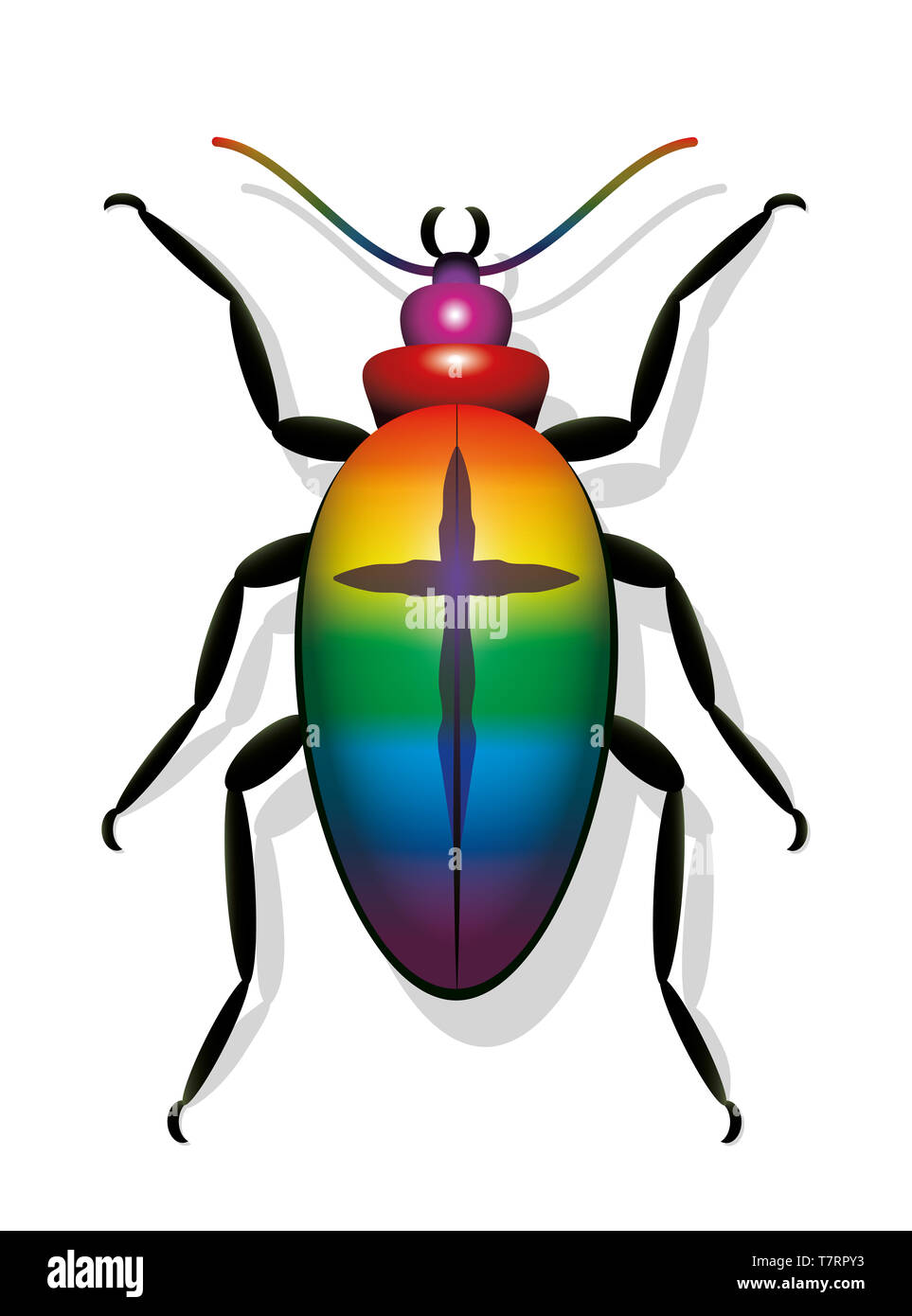 Bunte Käfer mit Kreuz. Symbol für Rückgang der Insektenpopulationen und Aussterben von Arten - Abbildung auf weißem Hintergrund. Stockfoto