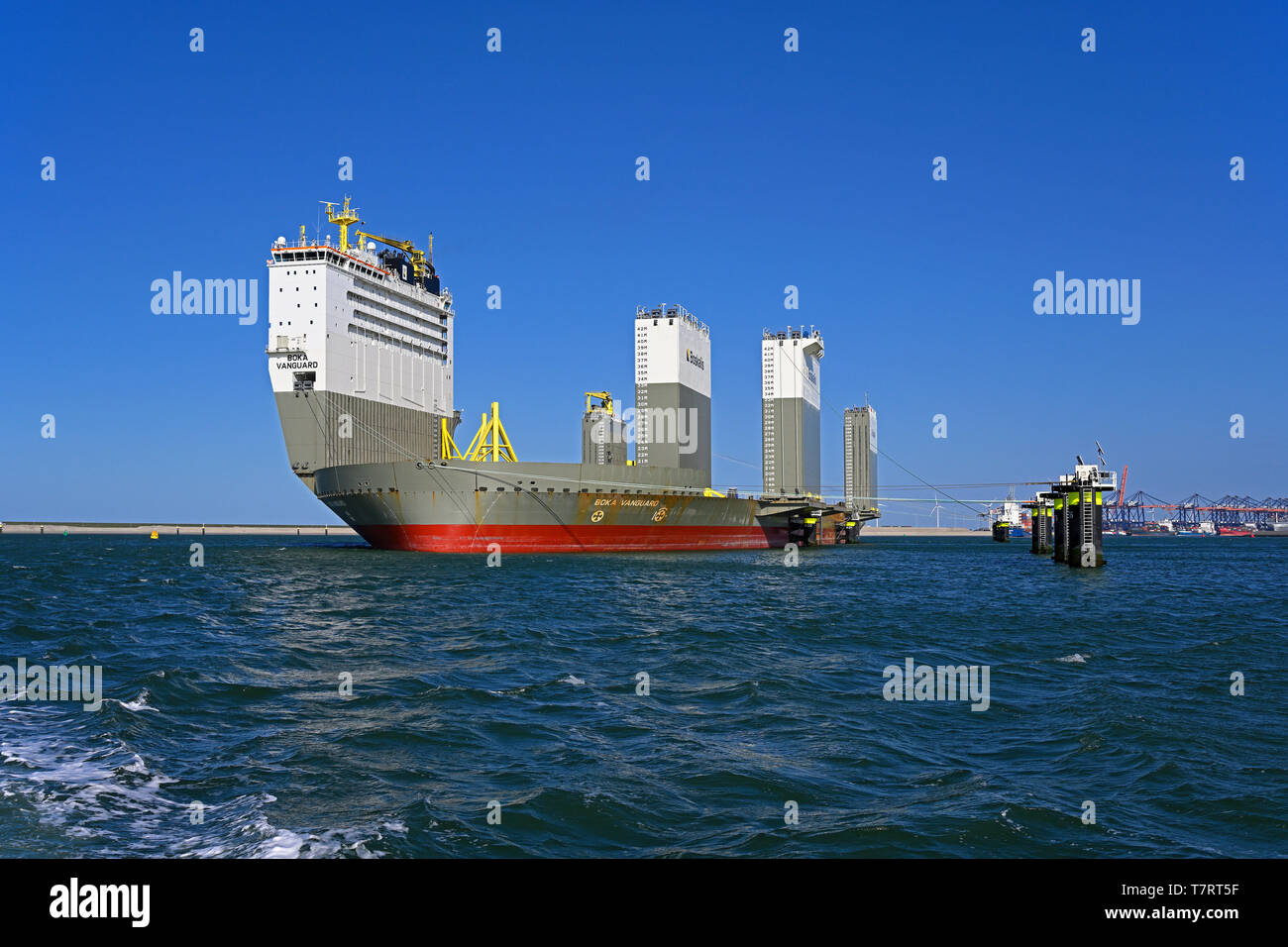 Der Hafen von Rotterdam, Niederlande - 2019-03-31: Weltweit größte semi-submersible Heavy lift Schiffes boka Vanguard (imo Nr. 9618783) (116175 dwt) am Anker tun Stockfoto