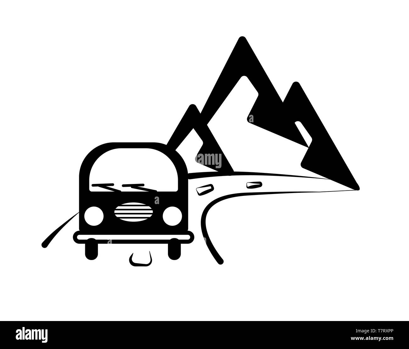 Der Bus in die Berge geht. Grafik Wall Sticker. Straße label. Monochrome Grafik für Print, Plakat, Aufkleber auf Autos. Reisen Emblem über Stock Vektor