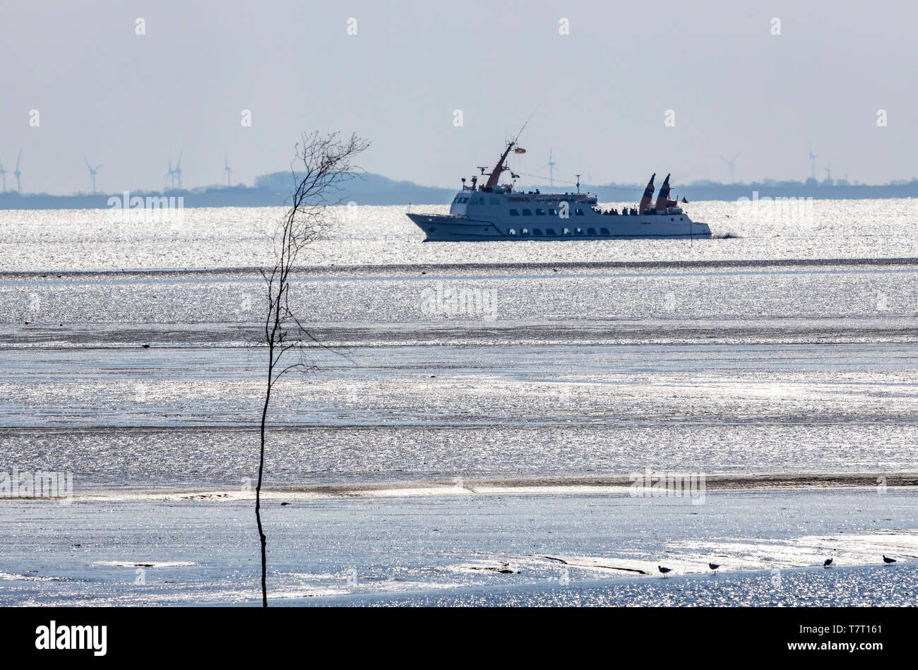 Fähre im Wattenmeer, vor der Nordseeinsel Juist, Ostfriesland, Niedersachsen, Deutschland, Stockfoto