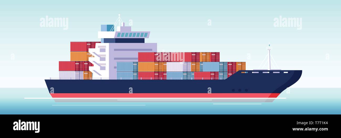 Der Vektor der Frachter Container in den Ozean. Transport-, Fracht- Konzept Stock Vektor