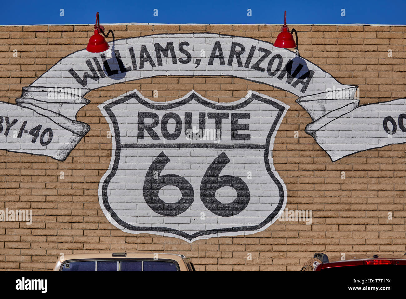 Historische Route 66 in Williams, Arizona. Route 66 Wandbild Stockfoto
