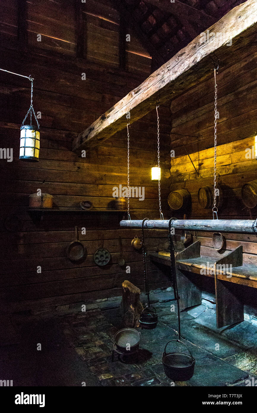 Innenraum eine Küche, in der Schøtstuene Museum, Bergen, Norwegen Stockfoto