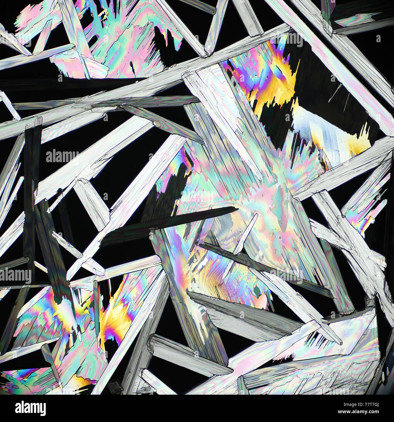 Chemikalien (dimethylglyoxime) kristallisiert am Mikroskop Objektträger und fotografierte in Cross-polarisiertem Licht Stockfoto