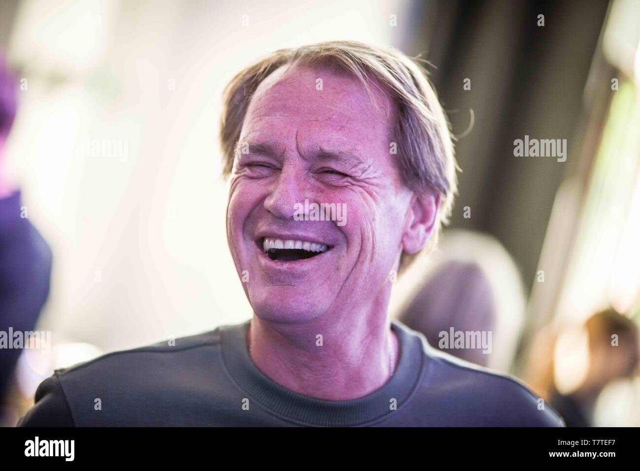 München, Bayern, Deutschland. 9. Mai, 2019. Markus Wasmeier, Ski-Doppelolympiasieger und Botschafter der "E BIKE TAGE. Als Teil der EBikeDays Programm, der bayerische Innenminister Joachim Herrmann stellte die Pläne Radfahren als Travel Option innerhalb der Stadt zu fördern, sowie die neue Polizei e-bikes. Marion Schöbel ne, GeschÃ¤ftsfÃ¼hrerin der Olympiapark München GmbH. Markus Wasmeier, Ski-Doppelolympiasieger und Botschafter der "E BIKE TAGE. Peter Schlickenrieder, Cheftrainer des deutschen Langlauf-Teams. Credit: ZUMA Press, Inc./Alamy leben Nachrichten Stockfoto