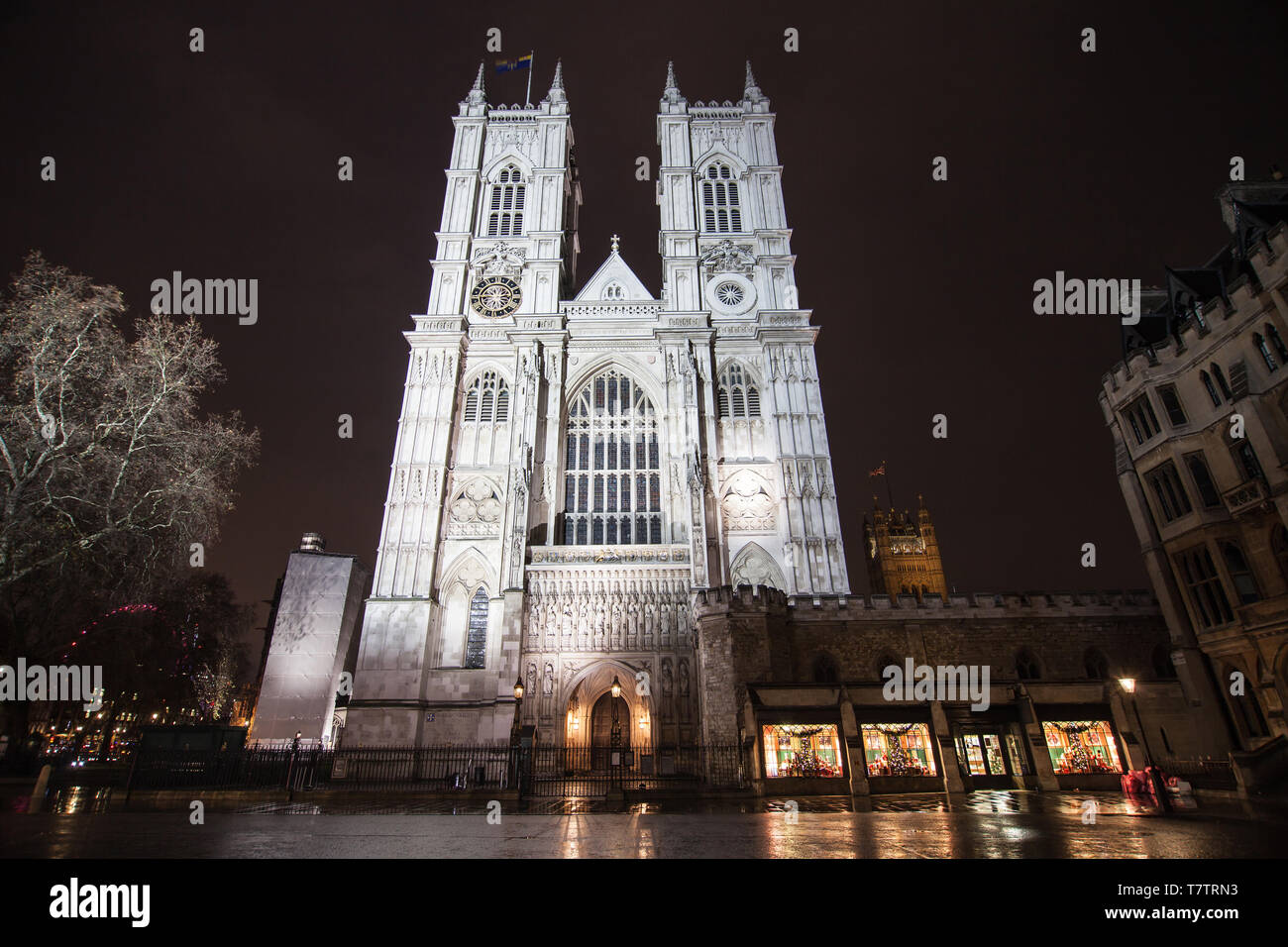 Westminster Abbey bei Nacht, London, Vereinigtes Königreich. Stockfoto